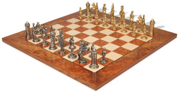 Image of ID 1374426497 Camelot Theme Metal Chess Set with Elm Burl Chess Board