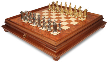 Image of ID 1374426502 Mary Stuart Queen of Scots Theme Metal Chess Set with Elm Burl Chess Case