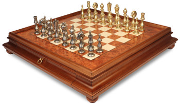Image of ID 1374426503 Large Arabesque Contemporary Staunton Metal Chess Set with Elm Burl Chess Case