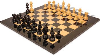 Image of ID 1375710385 Hallett Antique Reproduction Chess Set Ebony & Boxwood Pieces with Black & Ash Burl Board - 4" King