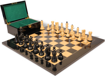 Image of ID 1375710404 Zagreb Series Chess Set Ebonized & Boxwood Pieces with Black & Ash Burl Board & Box - 3875" King