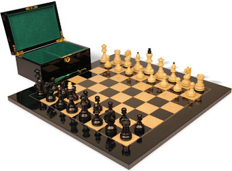 Image of ID 1375710407 Bohemian Series Chess Set Ebonized & Boxwood Pieces with Black & Ash Burl Board & Box - 4" King