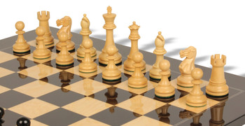 Image of ID 1375710409 British Staunton Chess Set Ebony & Boxwood Pieces with Black & Ash Burl Board - 4" King
