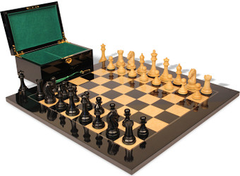 Image of ID 1375710410 The Craftsman Series Chess Set Ebony & Boxwood Pieces with Black & Ash Burl High Gloss Board & Box - 375" King