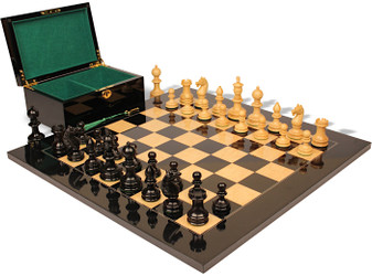Image of ID 1375710424 Hallett Antique Reproduction Chess Set Ebony & Boxwood Pieces with Black & Ash Burl Board & Box - 4" King