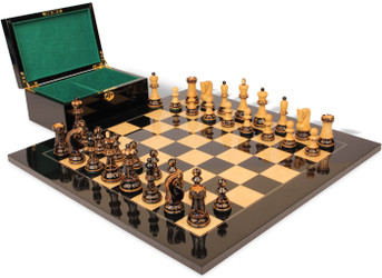 Image of ID 1375710441 Zagreb Series Chess Set Decorative Burnt Boxwood Pieces with Black & Ash Burl Board & Box - 3875" King
