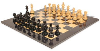 Image of ID 1377679209 Wellington Staunton Chess Set Ebony & Boxwood Pieces with Black & Ash Burl Chess Board - 425" King