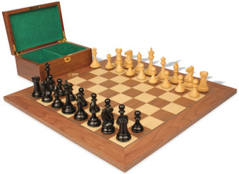 Image of ID 1377679216 New Exclusive Staunton Chess Set Ebonized & Boxwood Pieces with Walnut & Maple Deluxe Board & Box  - 3" King