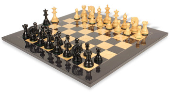 Image of ID 1377679264 Patton Staunton Chess Set Ebony & Boxwood Pieces with Black & Ash Burl High Gloss Board - 425" King