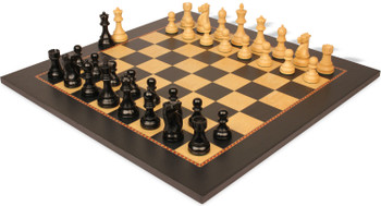 Image of ID 1377679267 Fischer-Spassky Commemorative Chess Set Ebony & Boxwood Pieces with The Queen's Gambit Chess Board - 375" King