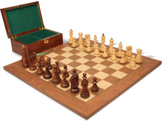 Image of ID 1377679293 Zagreb Series Chess Set Golden Rosewood & Boxwood Pieces with Walnut & Maple Deluxe Board & Box - 325" King