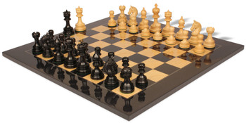 Image of ID 1377679295 Chetak Staunton Chess Set Ebony & Boxwood Pieces with Black & Ash Burl Board - 425" King