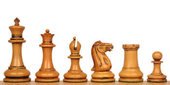 Image of ID 1377679310 1849 Heirloom Staunton Chess Set Ebony & Antiqued Boxwood with Black & Ash Burl Board - 44" King