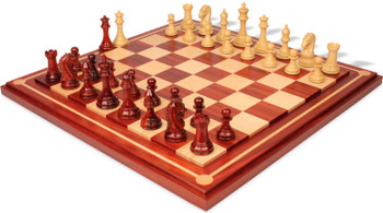 Image of ID 1377955041 The Craftsman Series Chess Set African Padauk & Boxwood Lacquered Pieces with Mission Craft Padauk & Maple Chess Board - 375" King