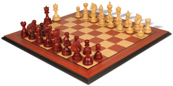 Image of ID 909007172 Chetak Staunton Chess Set in Padauk & Boxwood with Padauk & Bird's Eye Maple Molded Edge - 425" King