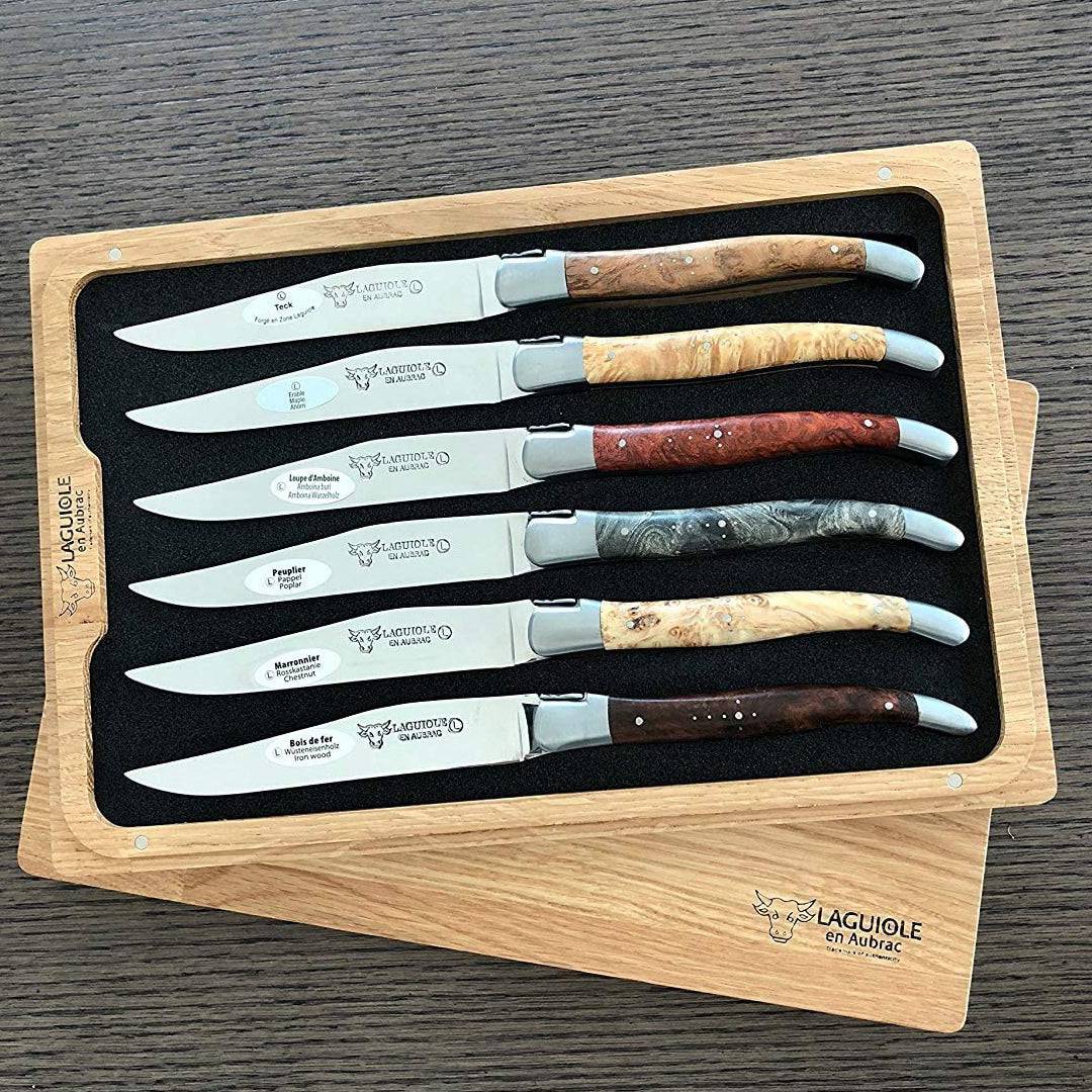 Image of ID 932741602 Laguiole en Aubrac Luxury Stainless Steel 6-Piece Steak Knife Set With Mixed Burl Wood Handles Brushed Bolsters