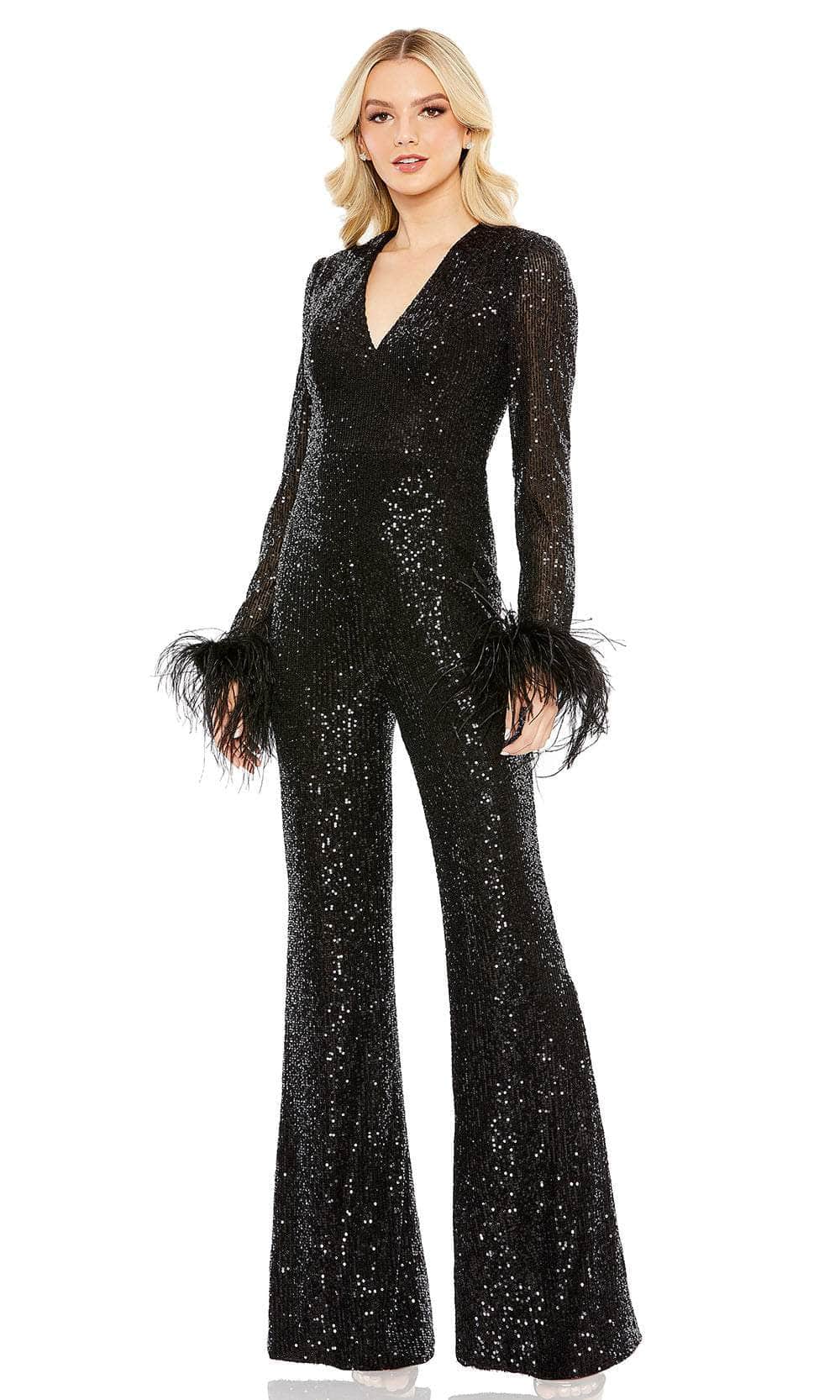 Image of Ieena Duggal 11581 - Feather Detailed Long Sleeve Jumpsuit