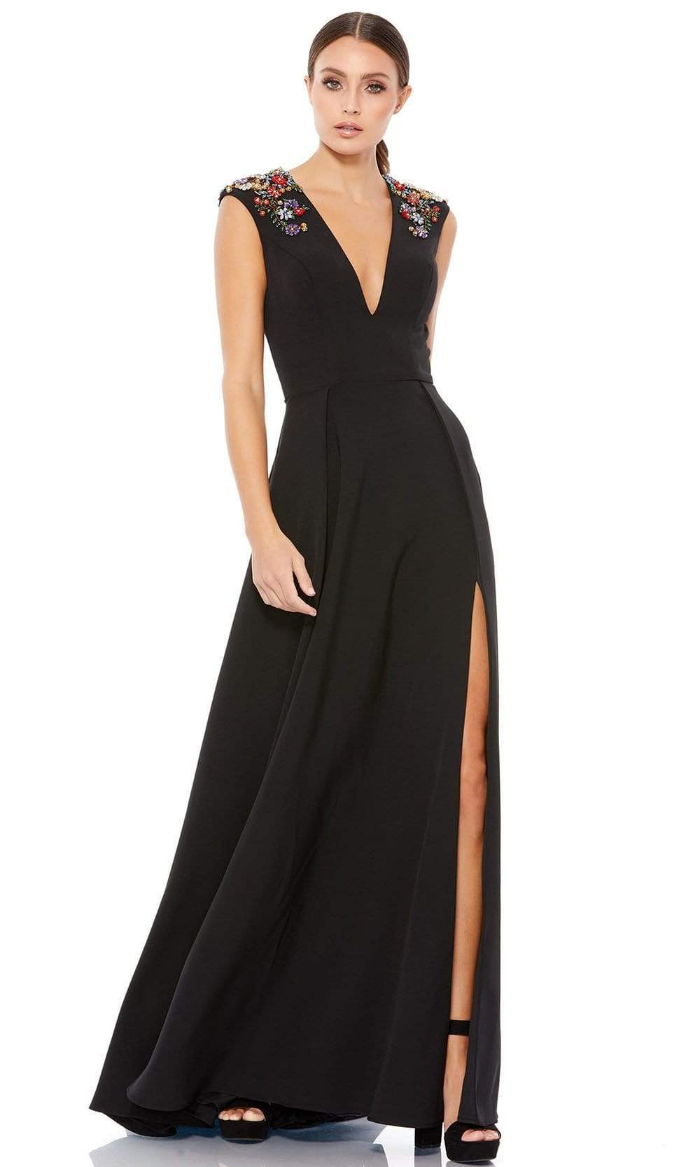 Image of Ieena Duggal - 26540 V-Neck Beaded Shoulders A-Line Gown With Slit