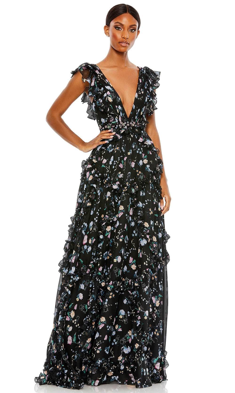 Image of Ieena Duggal 68090 - Plunging V-Neck Floral Evening Gown