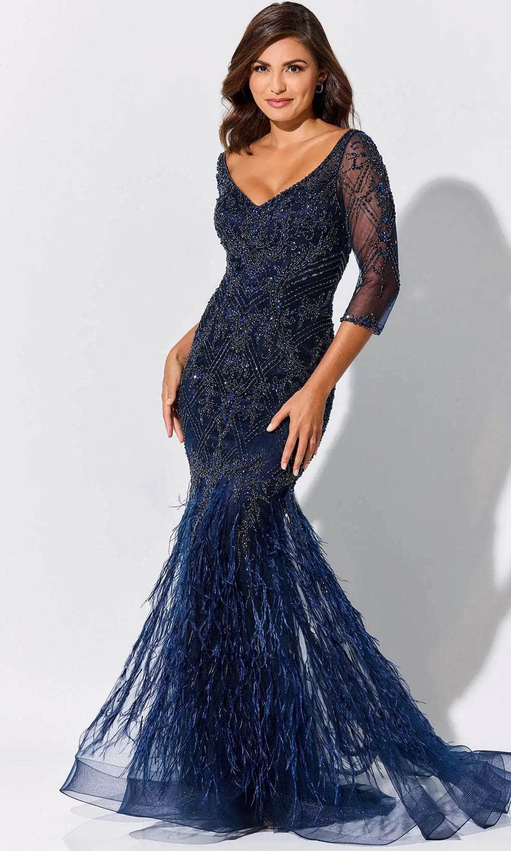 Image of Ivonne D ID318 - Feather Detailed Fitted Bodice Prom Gown