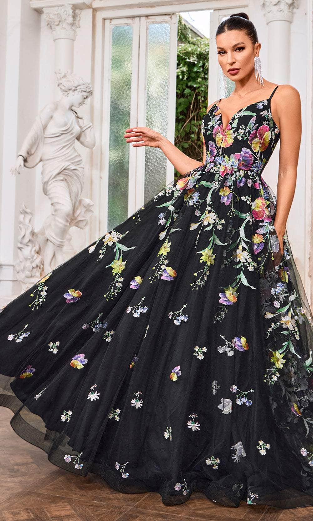 Image of J'Adore Dresses J24046 - Floral Deep V-Neck Evening Gown