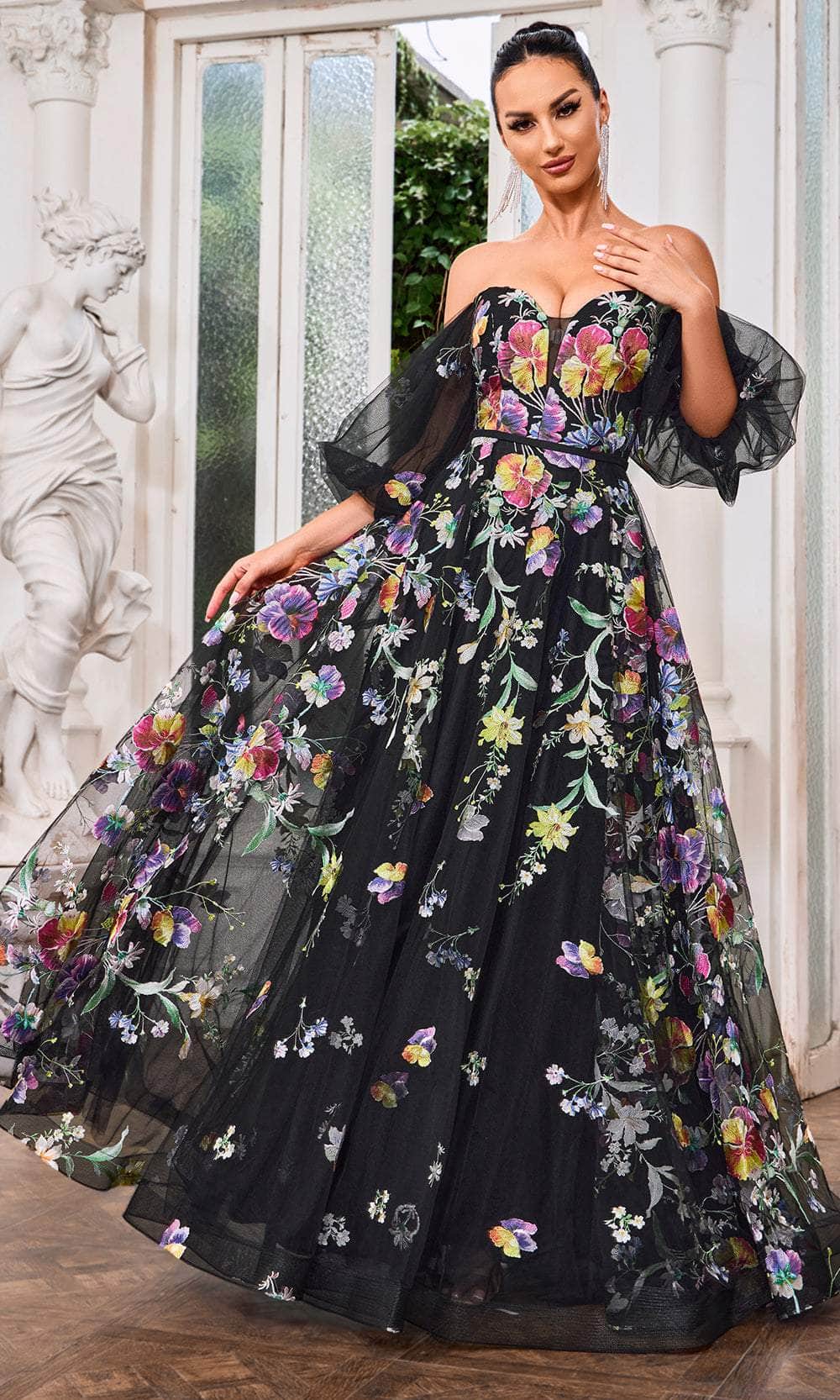 Image of J'Adore Dresses J24047 - Puff Sleeve Floral Evening Gown