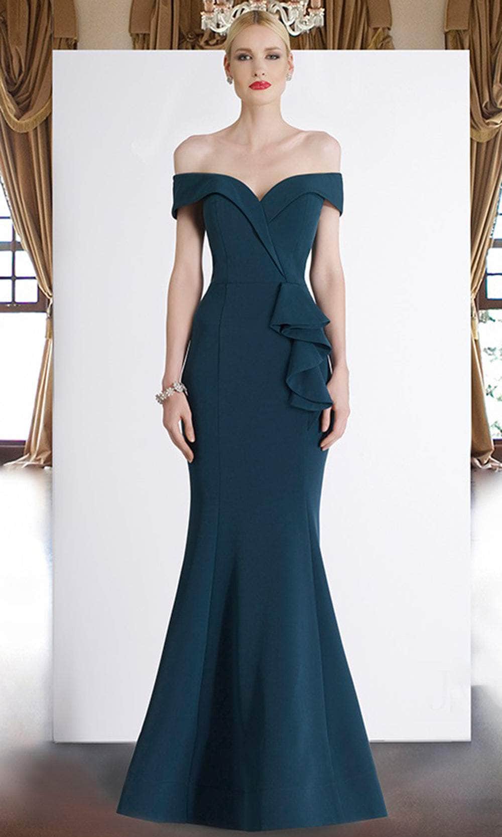 Image of Janique - 1936 Off Shoulder Ruffled Accent Mermaid Gown in Teal