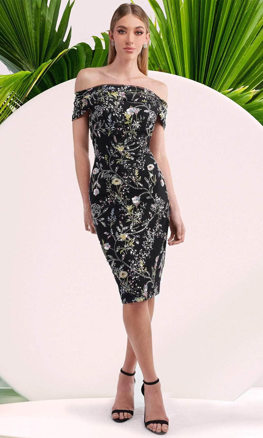 Image of Janique 5044 - Floral Print Off-Shoulder Dress