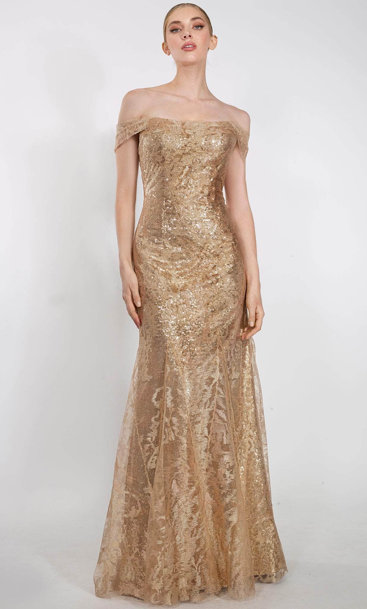 Image of Janique 92125 - Sequined Off Shoulder Evening Gown