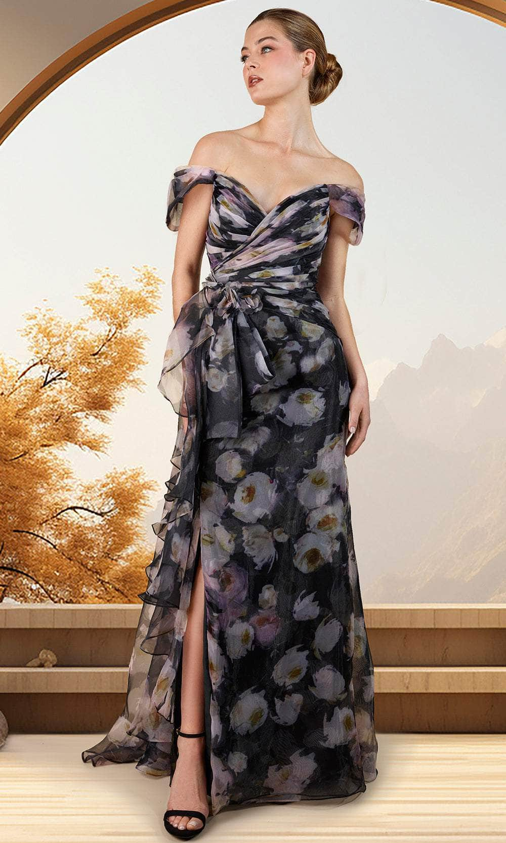 Image of Janique w4017 - Floral Draped Evening Dress