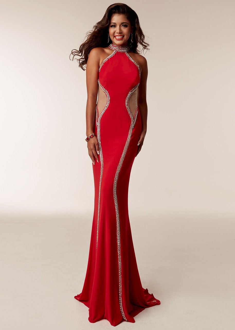 Image of Jasz Couture - 6208 High Halter Contoured Jewel-Trimmed Panel Gown