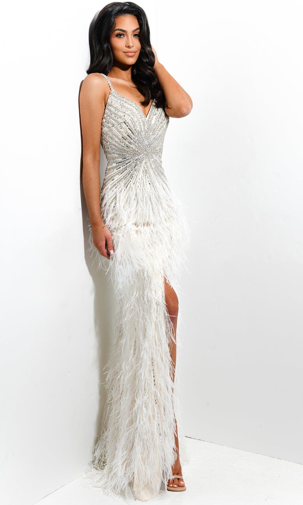 Image of Jasz Couture - 7366 Embellished Sweetheart Neckline With High Slit Sheath Dress