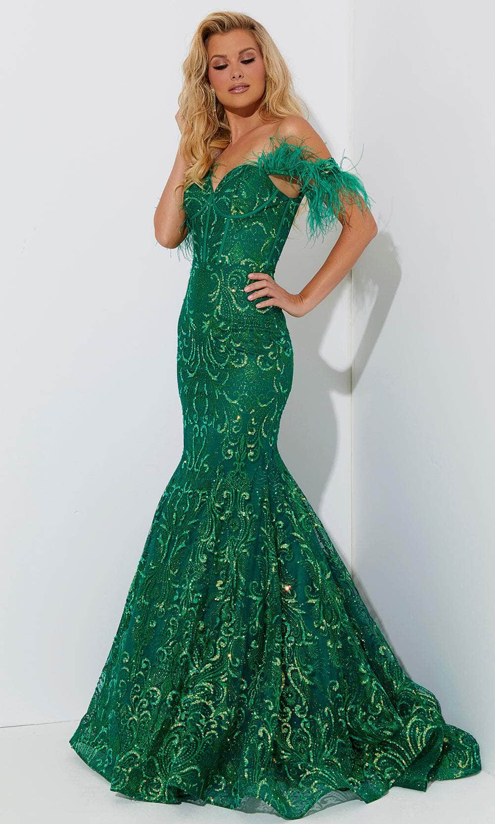 Image of Jasz Couture 7568 - Feather Off-Shoulder Mermaid Prom Dress