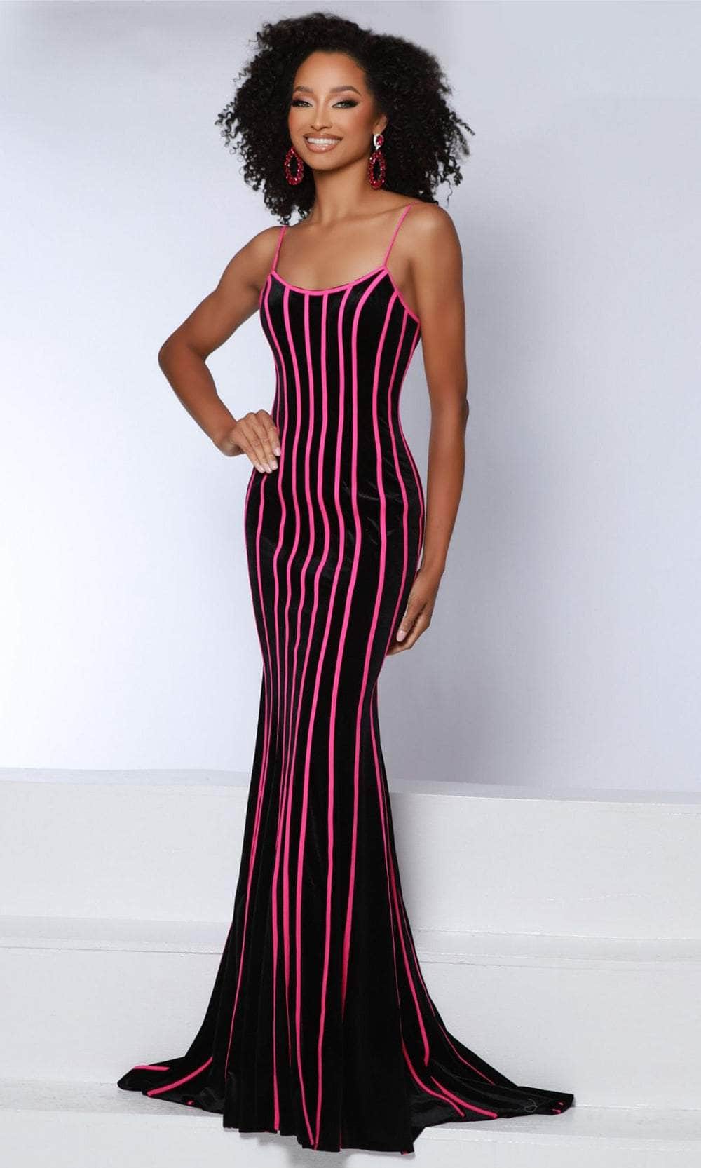 Image of Johnathan Kayne 2863 - Striped Scoop Neck Evening Dress