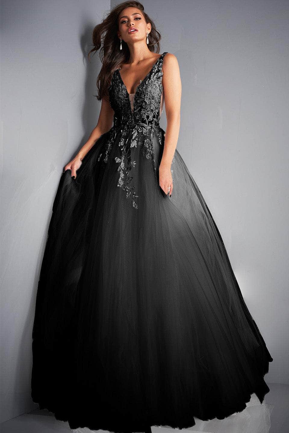 Image of Jovani - 02840 Plunging Neck Floral Applique Tulle Ballgown