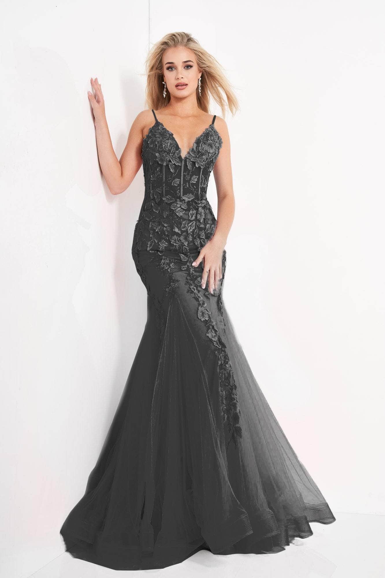 Image of Jovani - 02841 Floral Appliques Corset Bodice Tulle Trumpet Gown