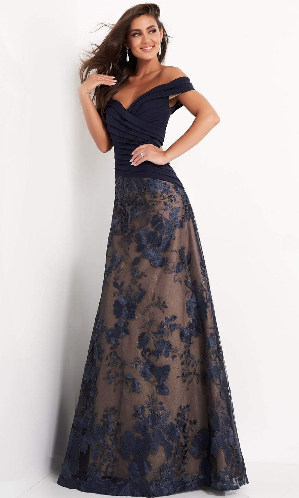 Image of Jovani - 02852 Off Shoulder Pleated Bodice Embroidered Gown