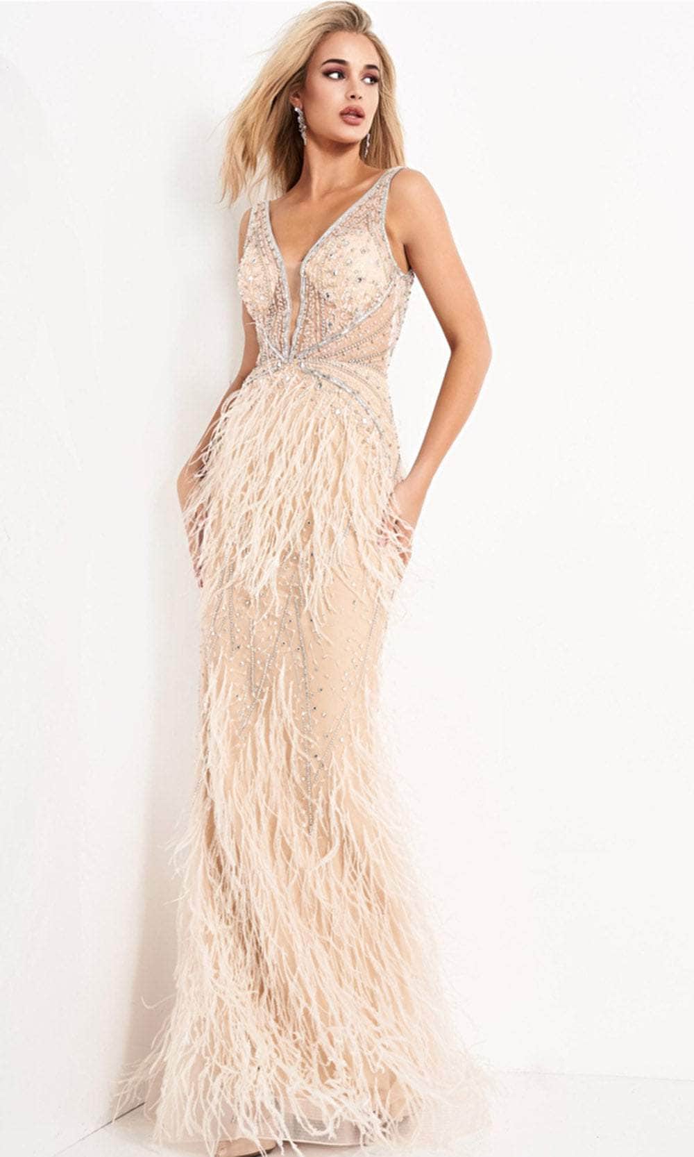 Image of Jovani - 03023 Sheer Bodice Beaded Adorned Feather Fitted Evening Gown