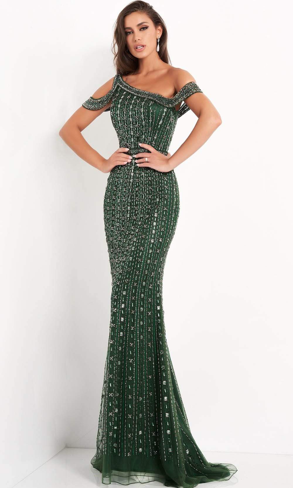 Image of Jovani - 03124 Beaded Cold Shoulder Sheath Gown