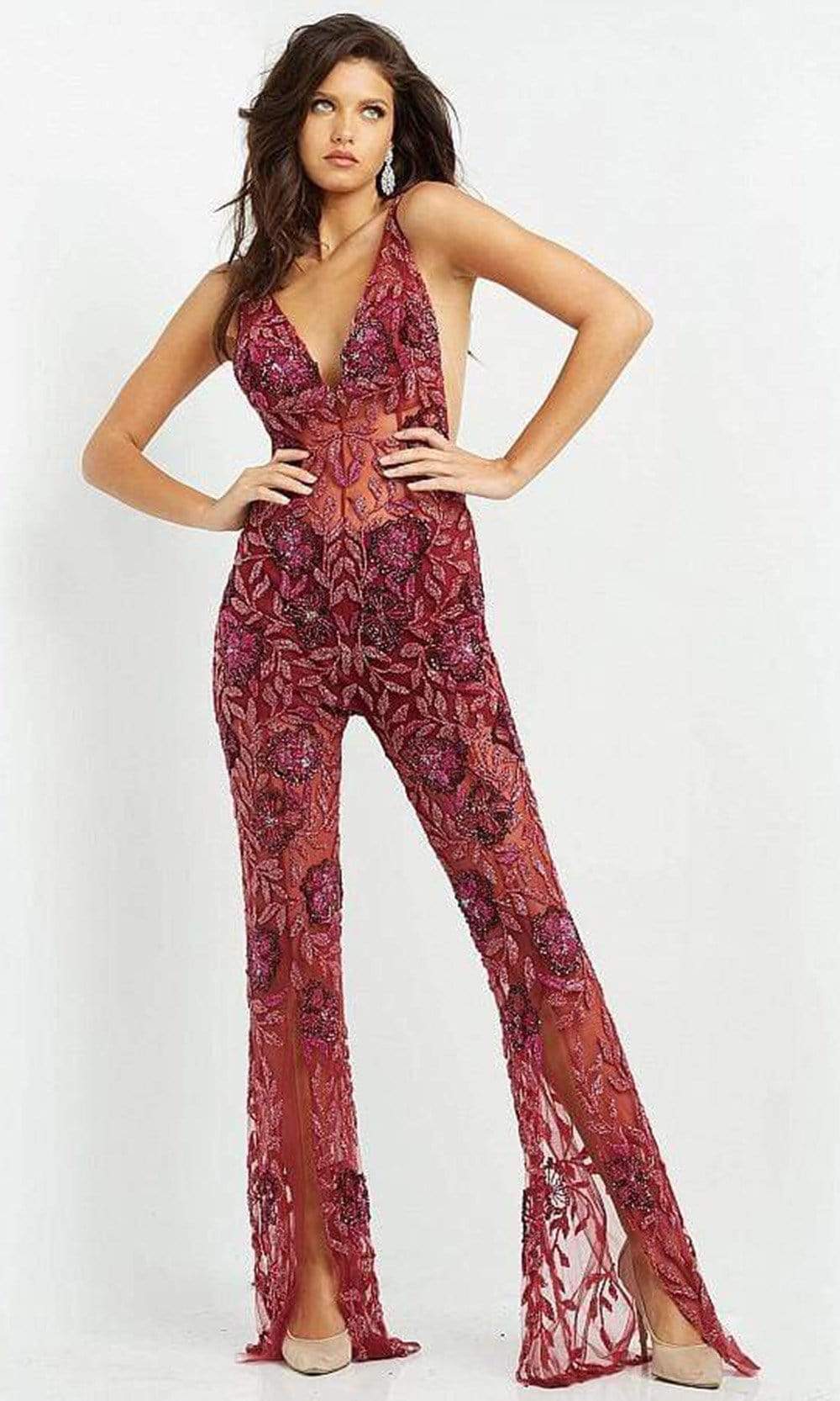Image of Jovani - 04402 V Neck See Through Beaded Jumpsuit