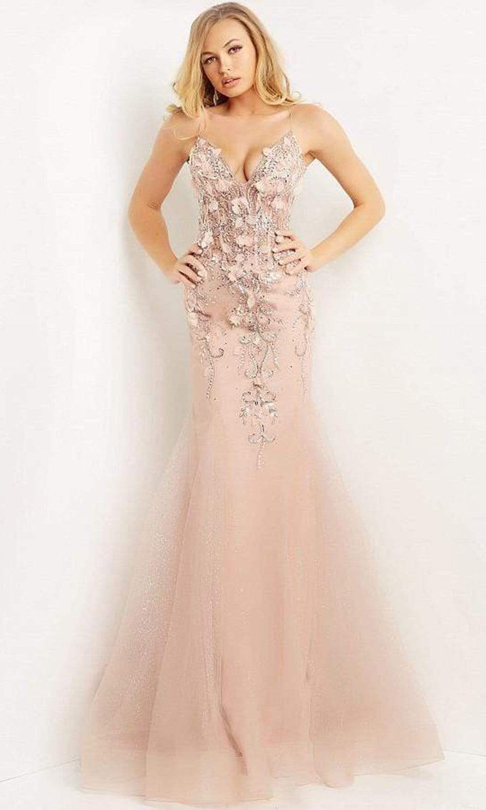 Image of Jovani - 05839 Beaded Floral Applique Corset Bodice Mermaid Gown