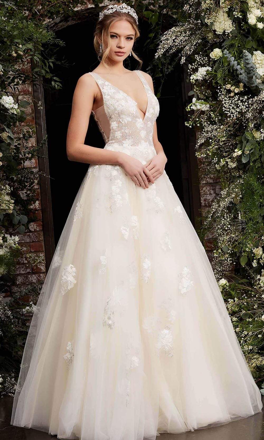 Image of Jovani - 06286 Sheer Floral Applique Bodice Tulle Ballgown
