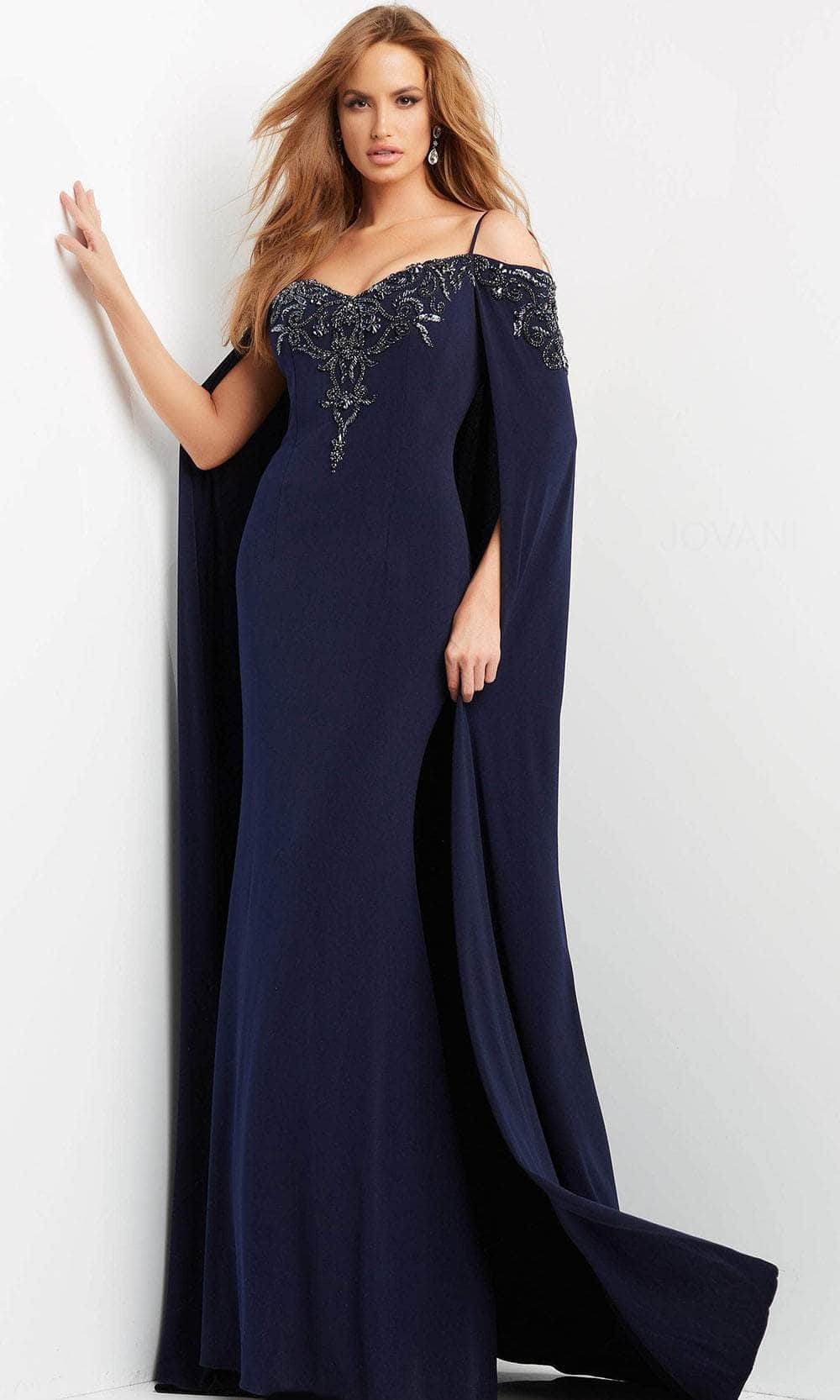 Image of Jovani 06631 - Long Cape Embellished Evening Gown