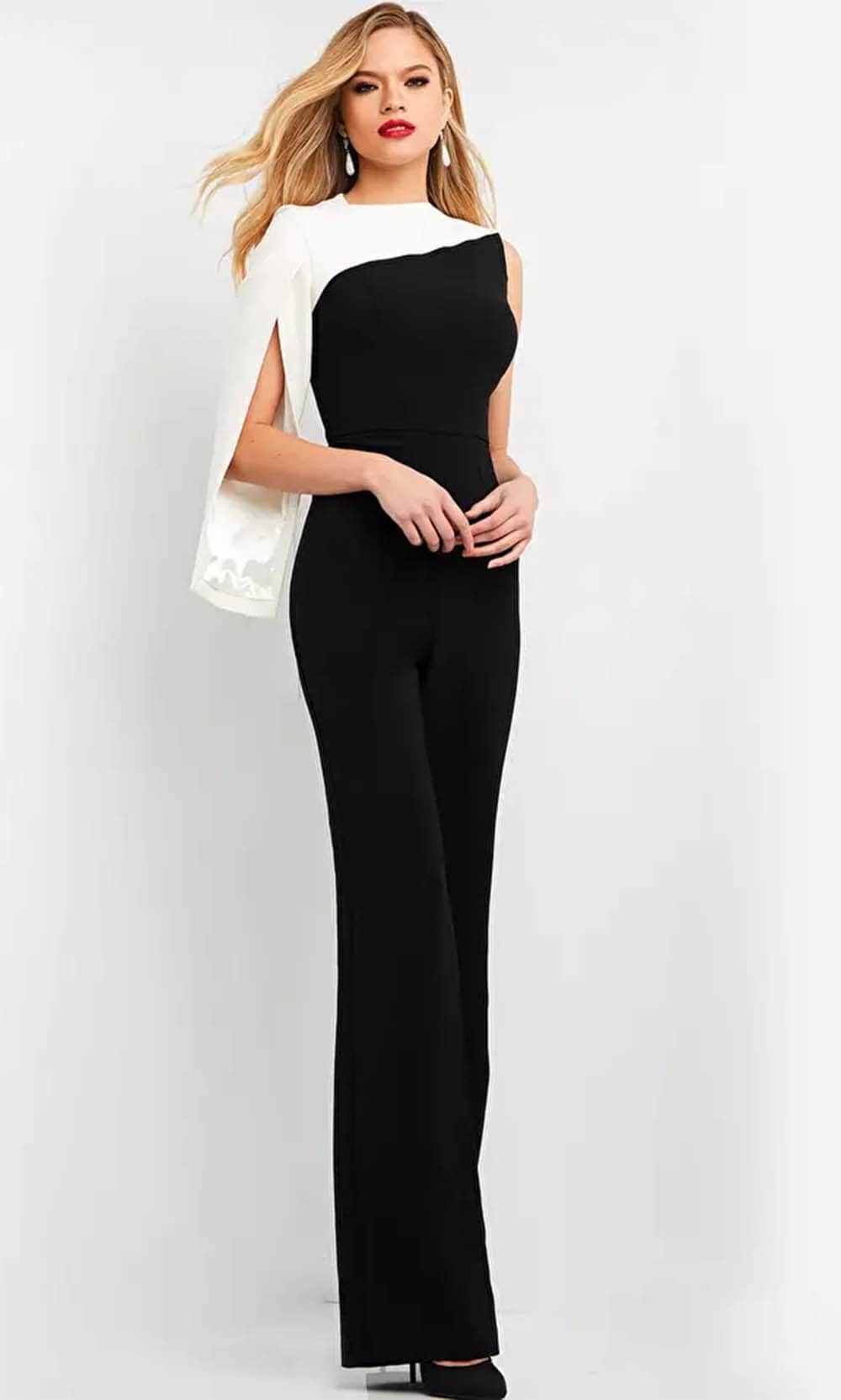 Image of Jovani 06875 - One-Long Sleeve High Neck Jumpsuit