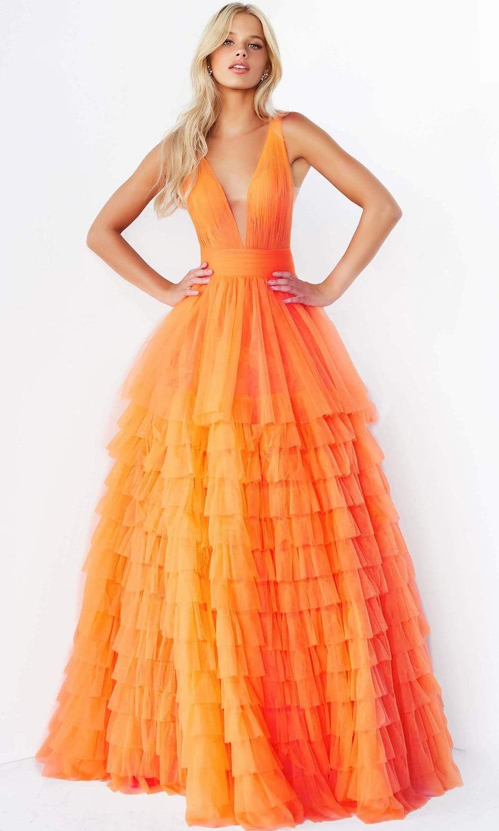 Image of Jovani - 07264 Shirr-Ornate Plus Size Prom Tulle Gown