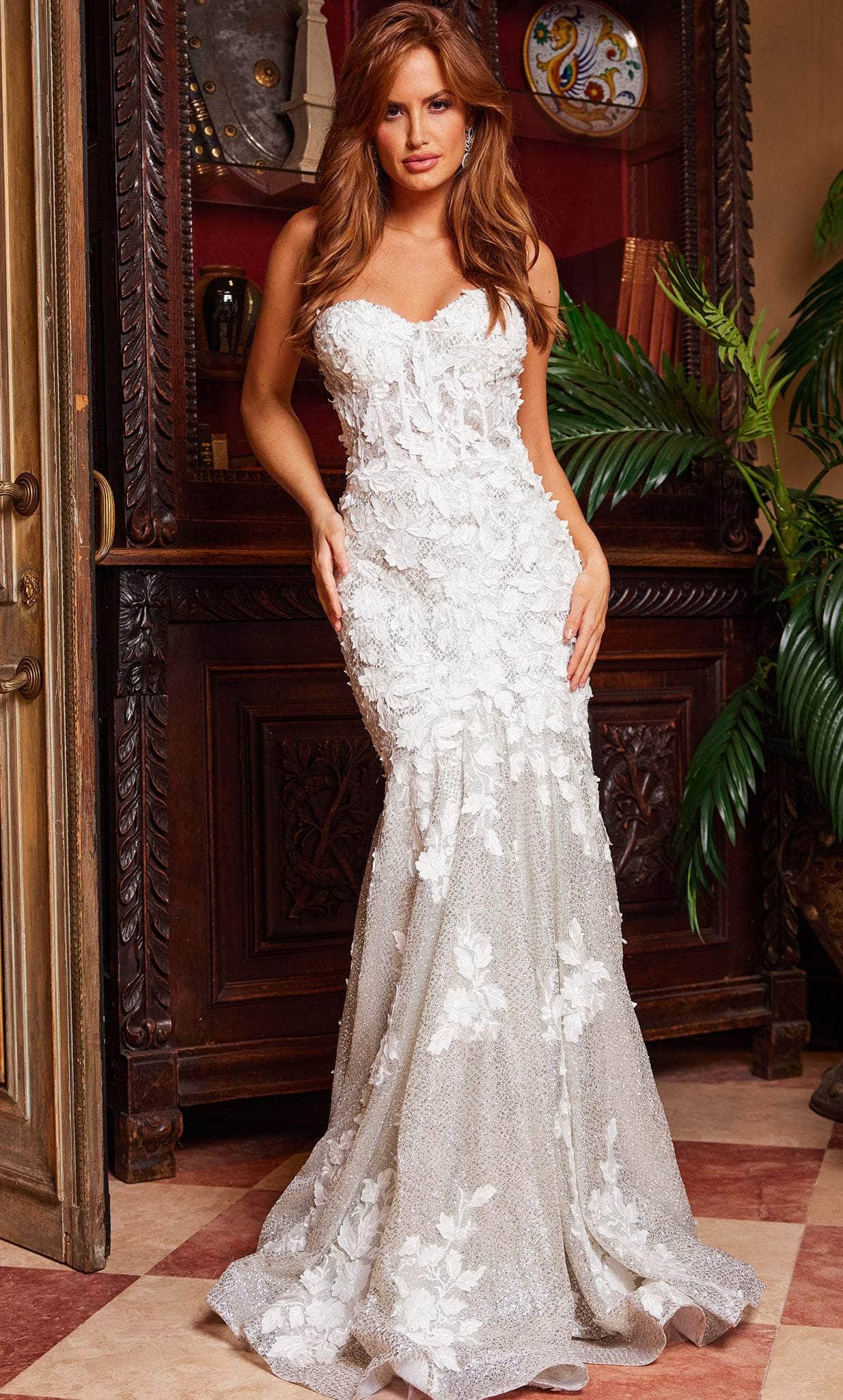 Image of Jovani 07496 - Lace Appliqued Sweetheart Evening Gown