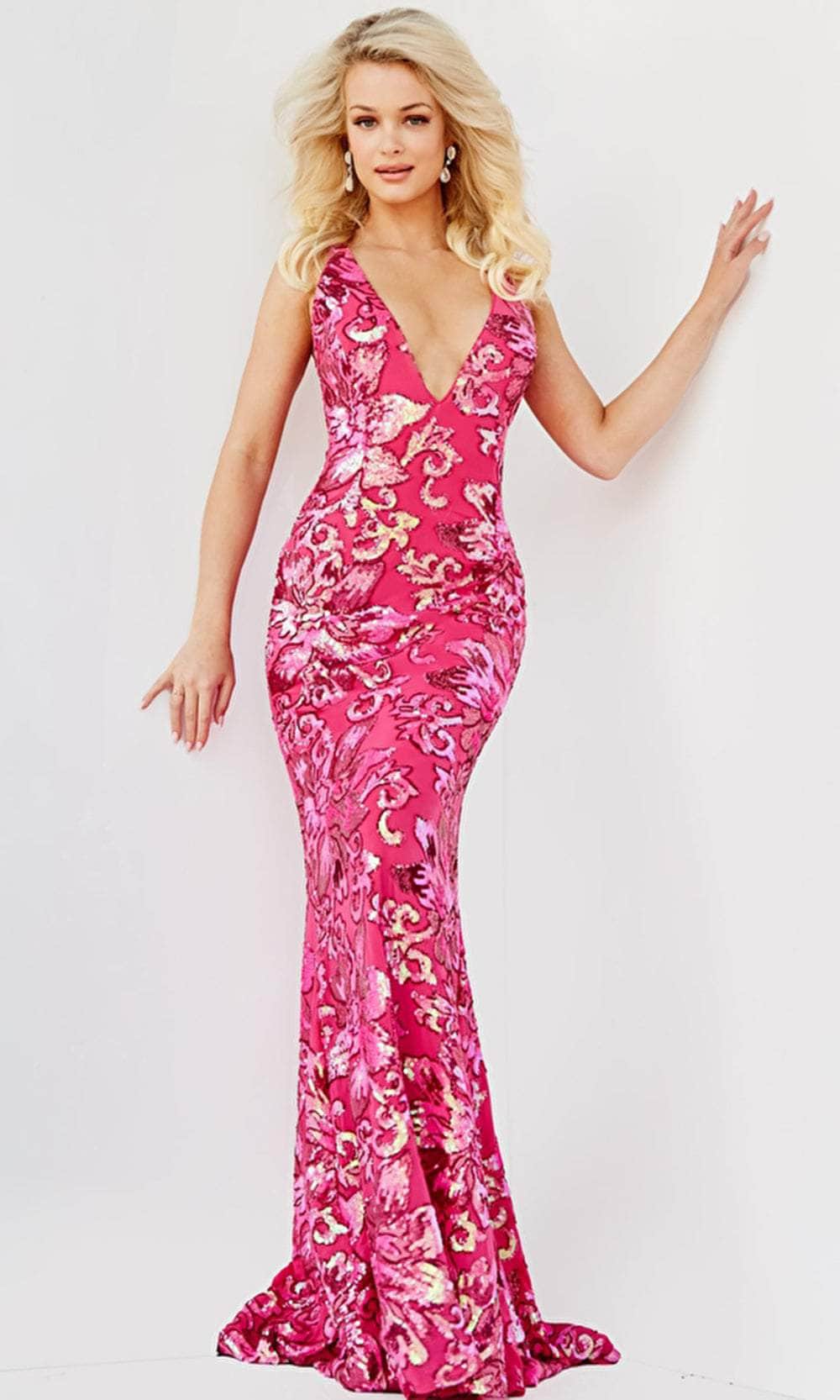 Image of Jovani 08462 - Floral Sequined Evening Gown