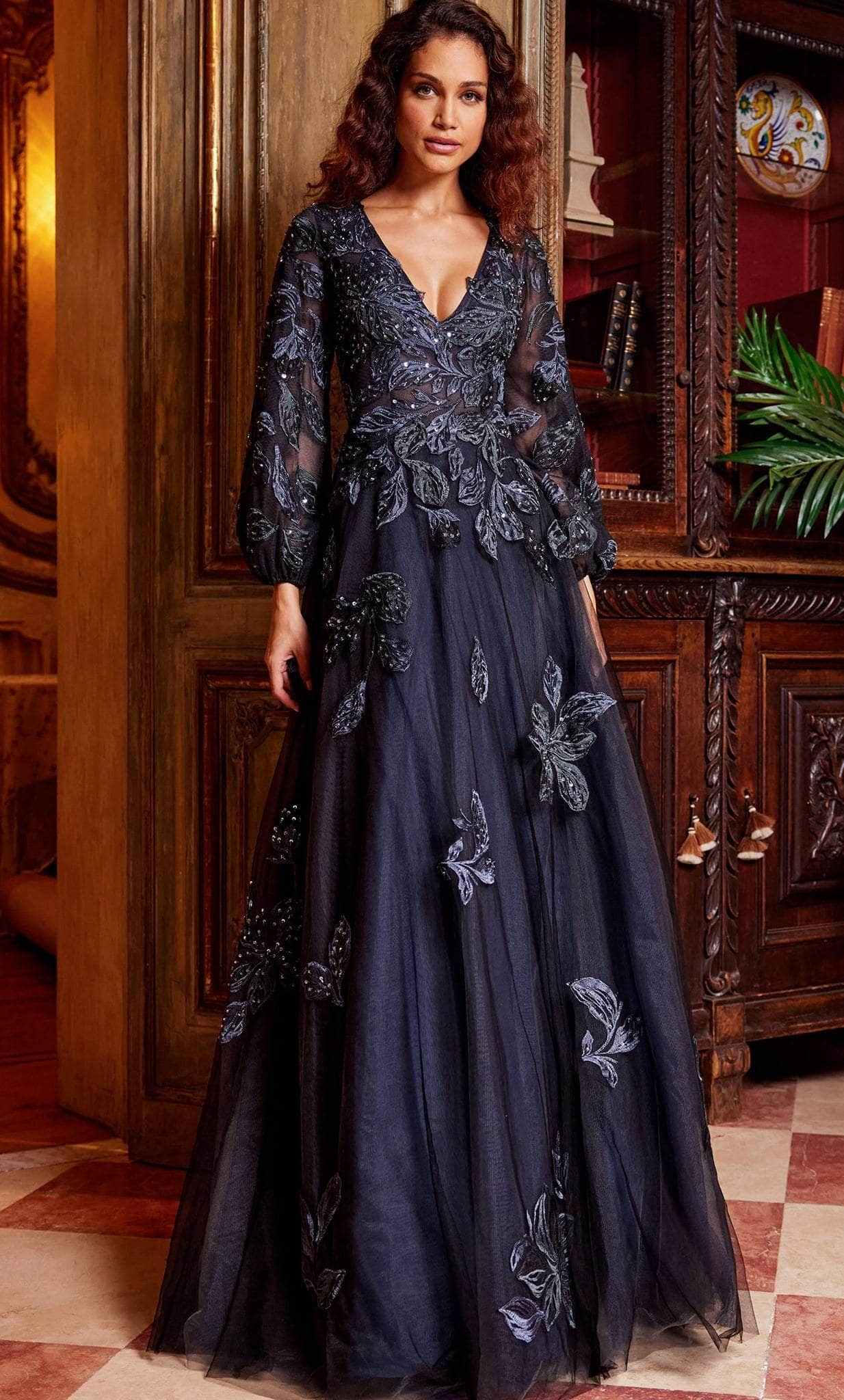 Image of Jovani 09943 - Embroidered Deep V-Neck Evening Gown