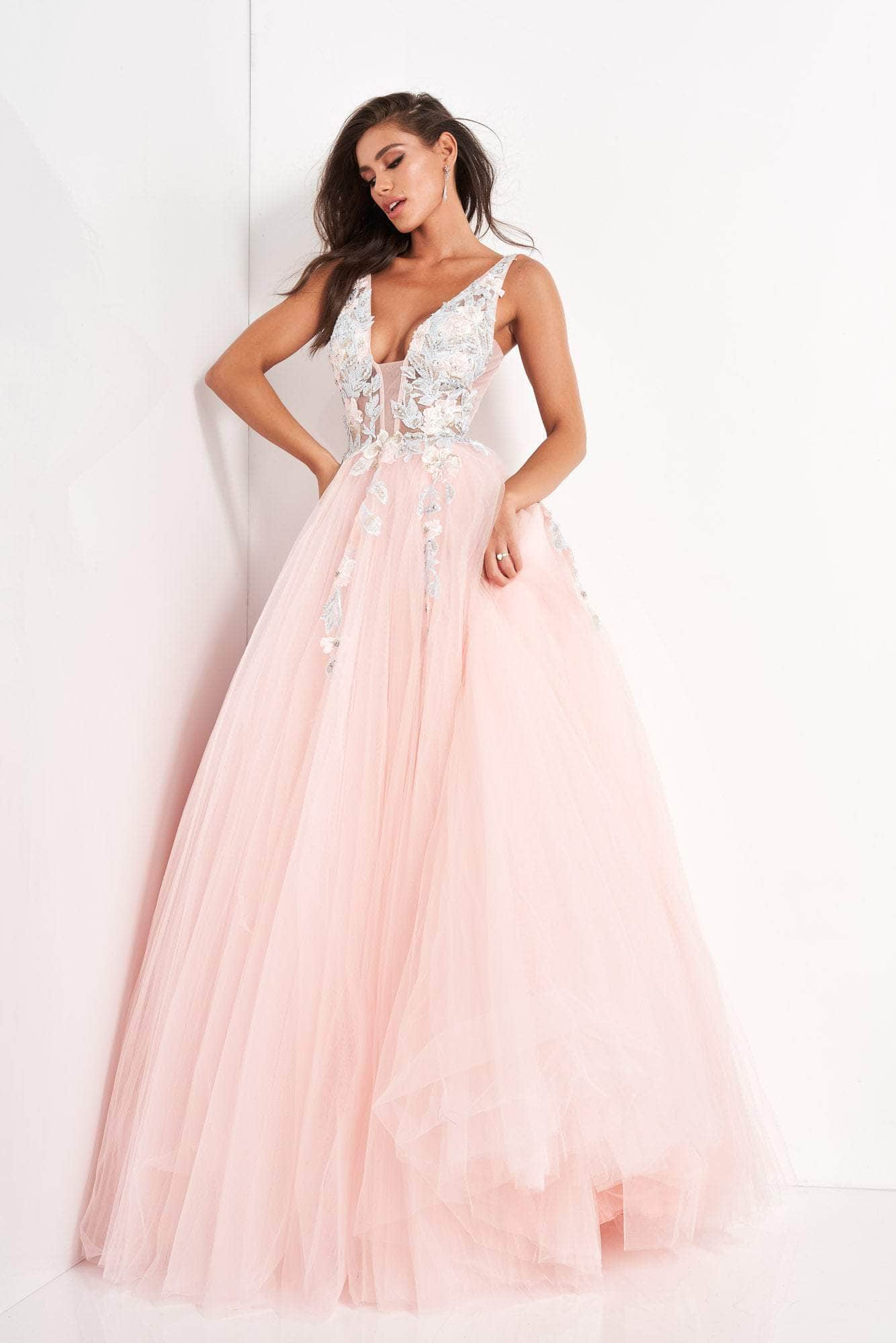 Image of Jovani - 11092 Floral Embroidered Plunging V-Neck Ballgown