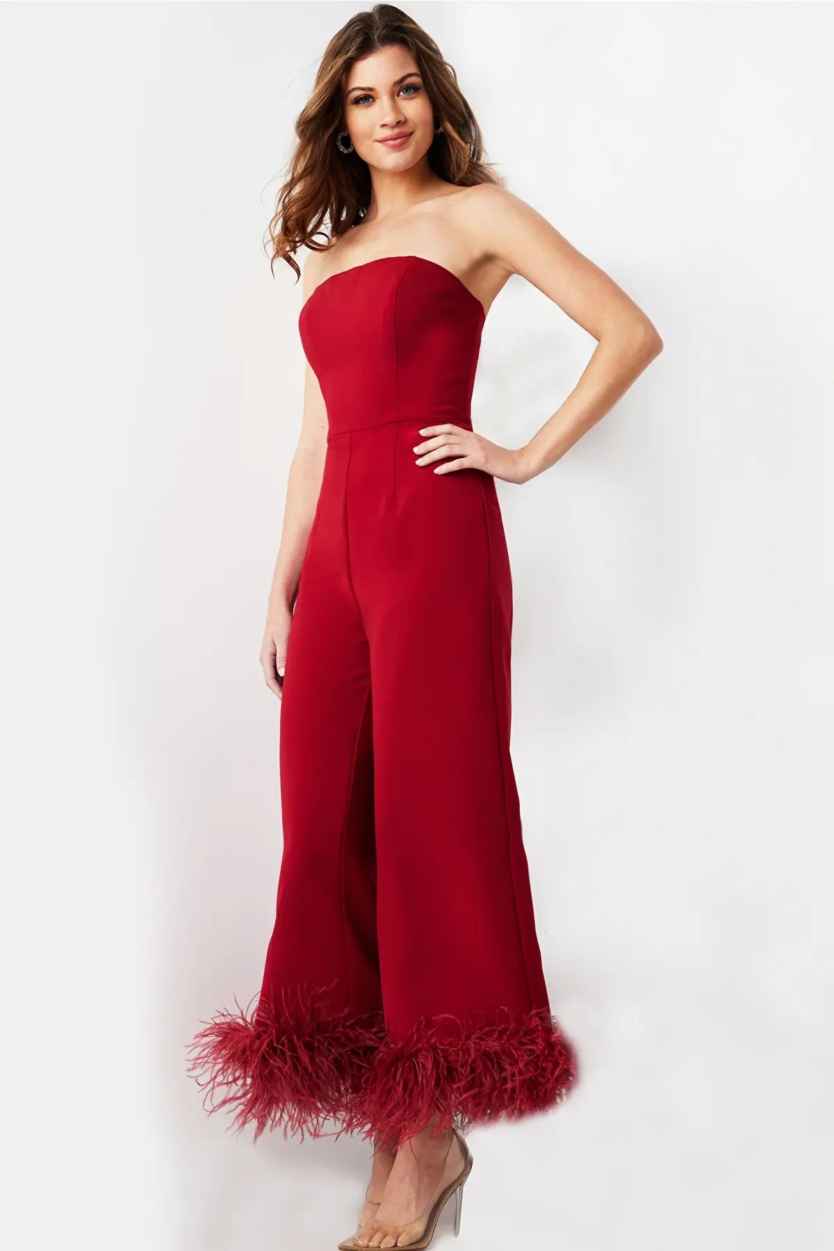 Image of Jovani 22590 - Strapless Feather Fringes Jumpsuit